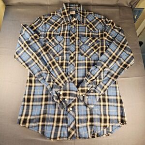 True Religion Mens Blue Plaid thock Flannel Western Pearl Snap Shirt  L